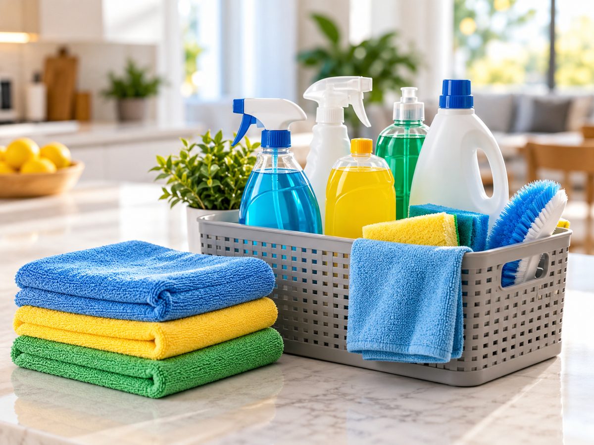 Produtos de limpeza e panos de microfibra organizados